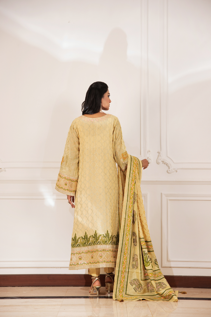 Pakistani Yellow Embroidered Chiffon & Silk Salwar Kameez (3-Piece) - Image 5