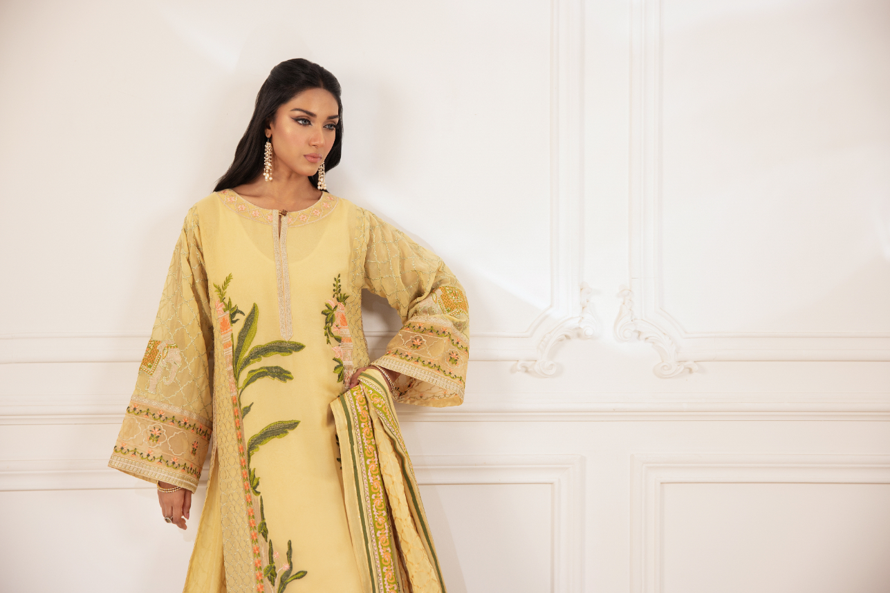 Pakistani Yellow Embroidered Chiffon & Silk Salwar Kameez (3-Piece) - Image 6