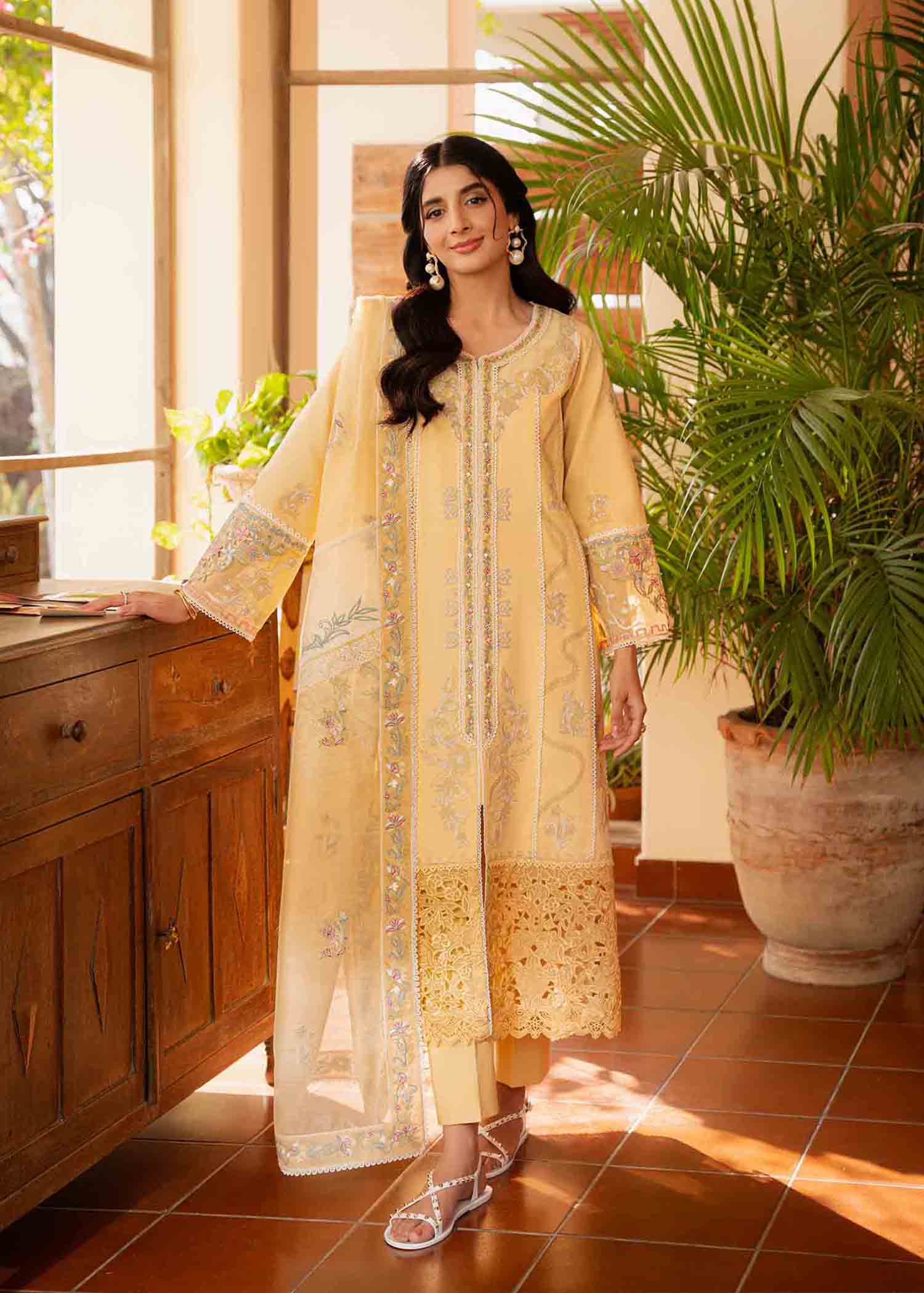 Sunglow Yellow Embroidered Cotton Lawn Schiffli 3-Piece - Image 1