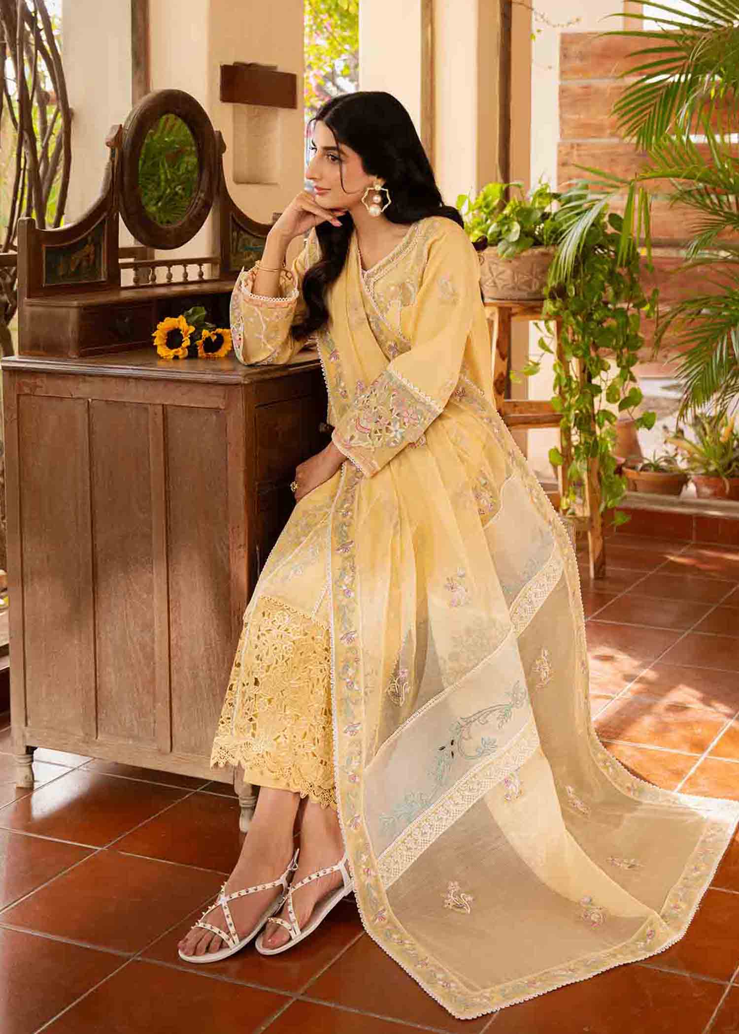 Sunglow Yellow Embroidered Cotton Lawn Schiffli 3-Piece - Image 4