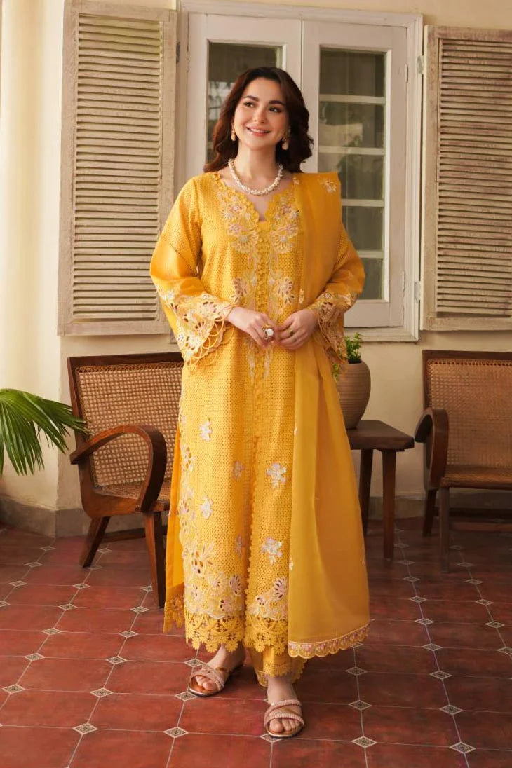 Mustard Schiffli Embroidered Cotton Lawn Suit (3-Piece) - Image 1