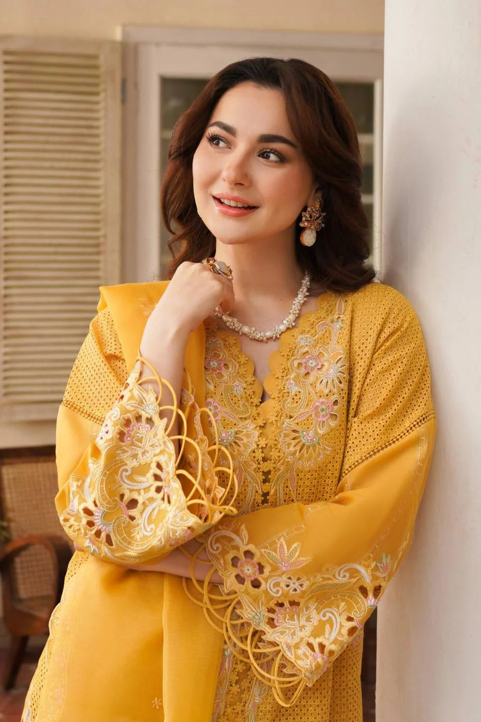Mustard Schiffli Embroidered Cotton Lawn Suit (3-Piece) - Image 2