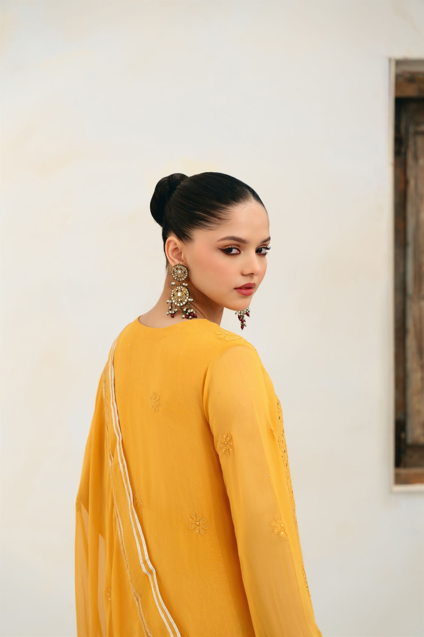 Pakistani Marigold Chikankari Cotton Net Kameez Set (3-Piece) - Image 3