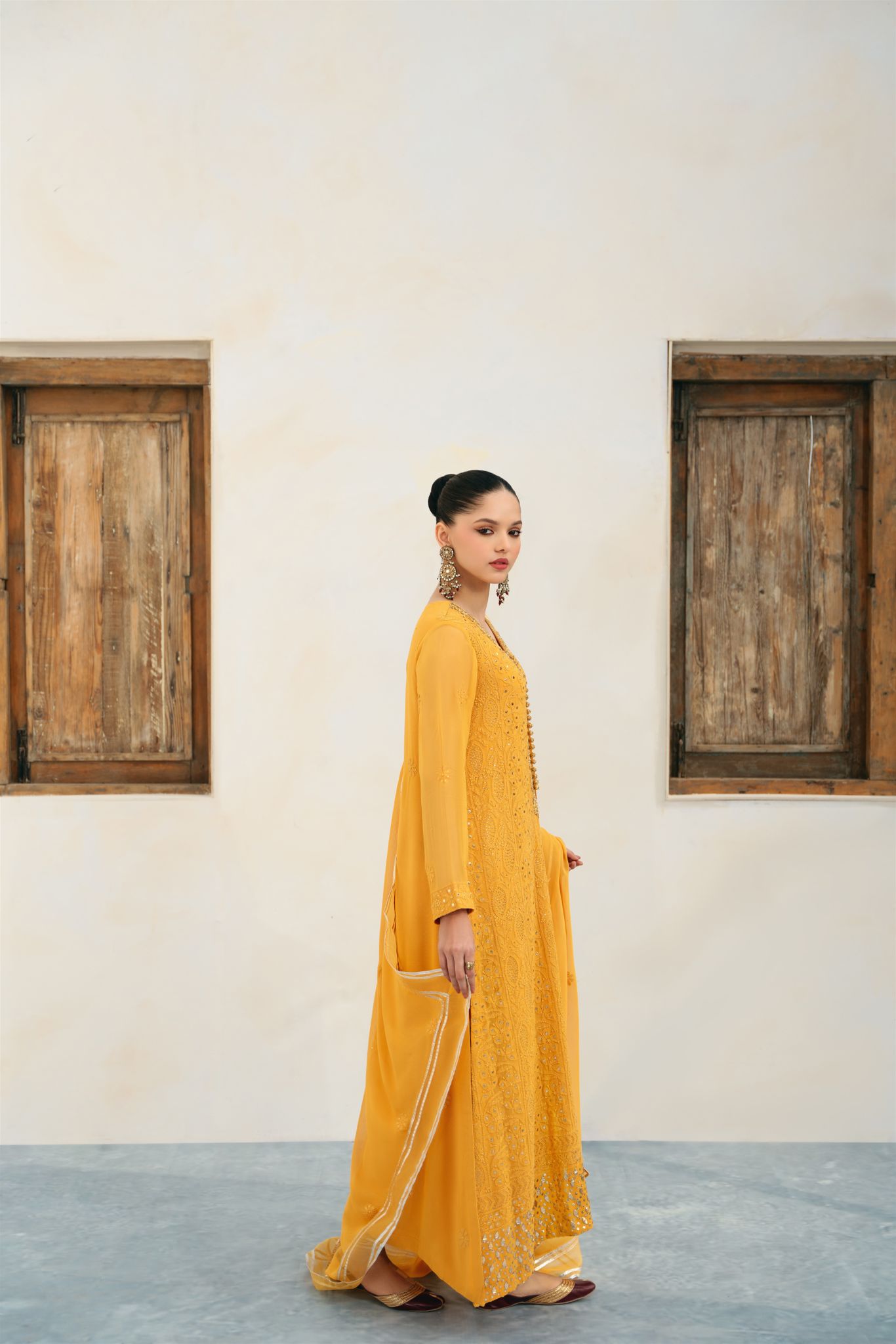 Pakistani Marigold Chikankari Cotton Net Kameez Set (3-Piece) - Image 4