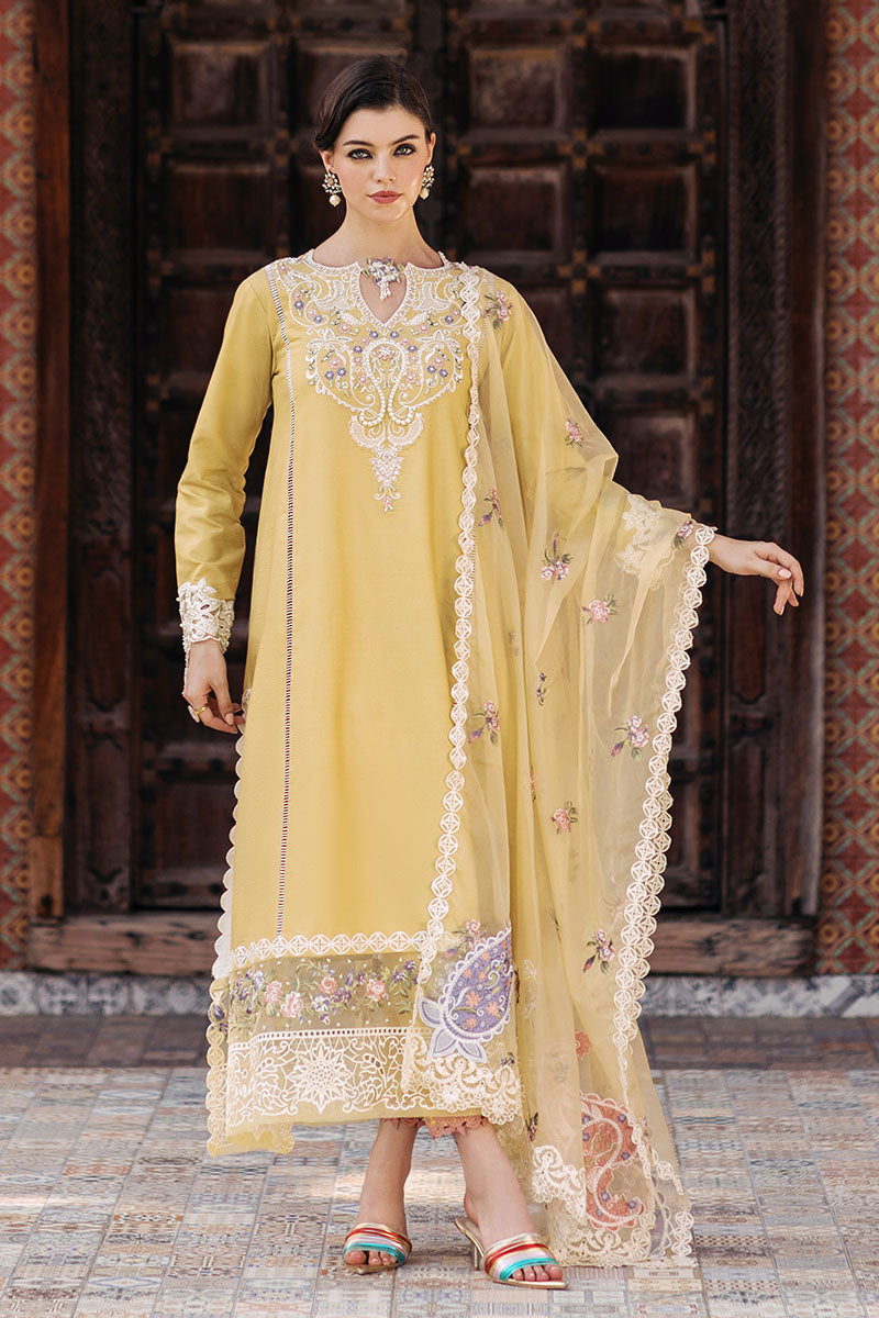 Mustard Embroidered Cotton Net Salwar Kameez (3-Piece) - Image 1