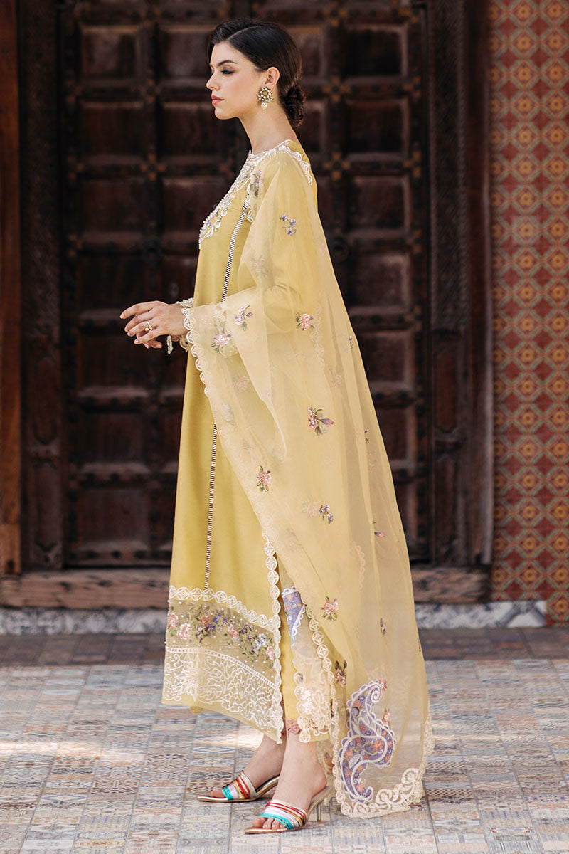 Mustard Embroidered Cotton Net Salwar Kameez (3-Piece) - Image 10