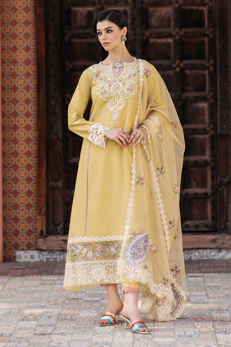 Mustard Embroidered Cotton Net Salwar Kameez (3-Piece) - Image 11
