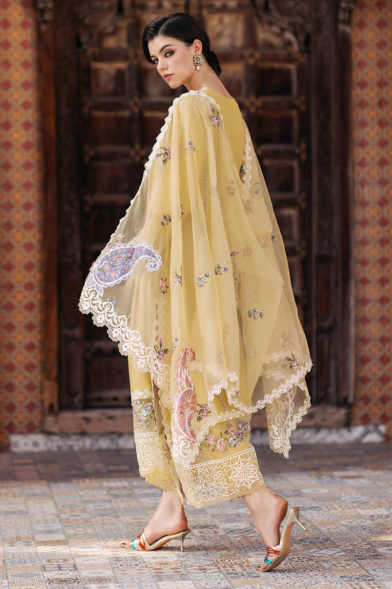 Mustard Embroidered Cotton Net Salwar Kameez (3-Piece) - Image 12
