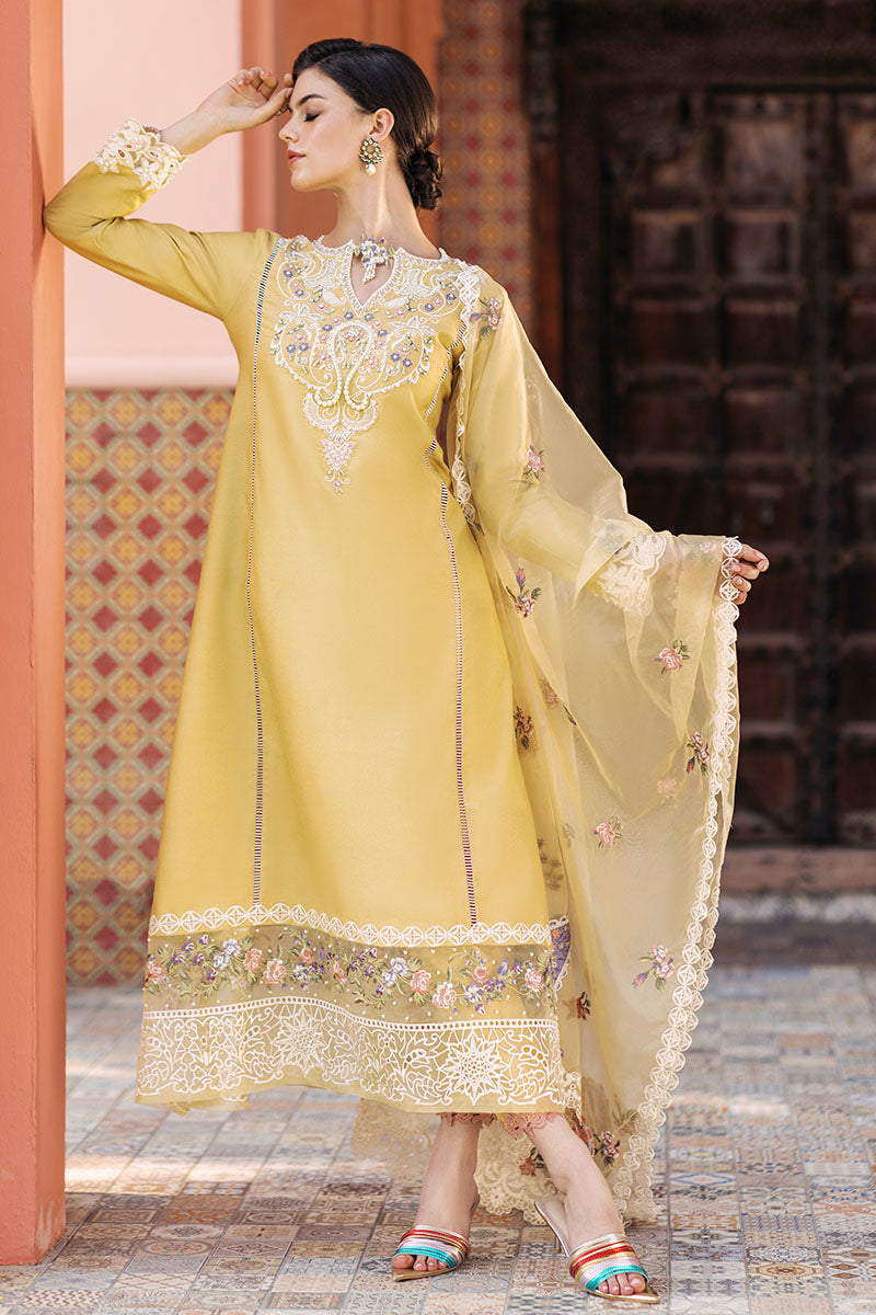 Mustard Embroidered Cotton Net Salwar Kameez (3-Piece) - Image 2