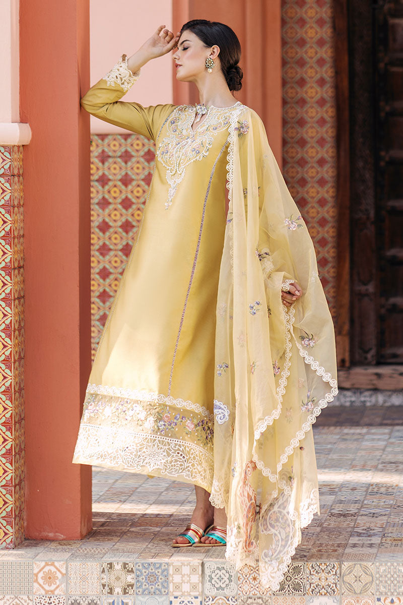 Mustard Embroidered Cotton Net Salwar Kameez (3-Piece) - Image 5