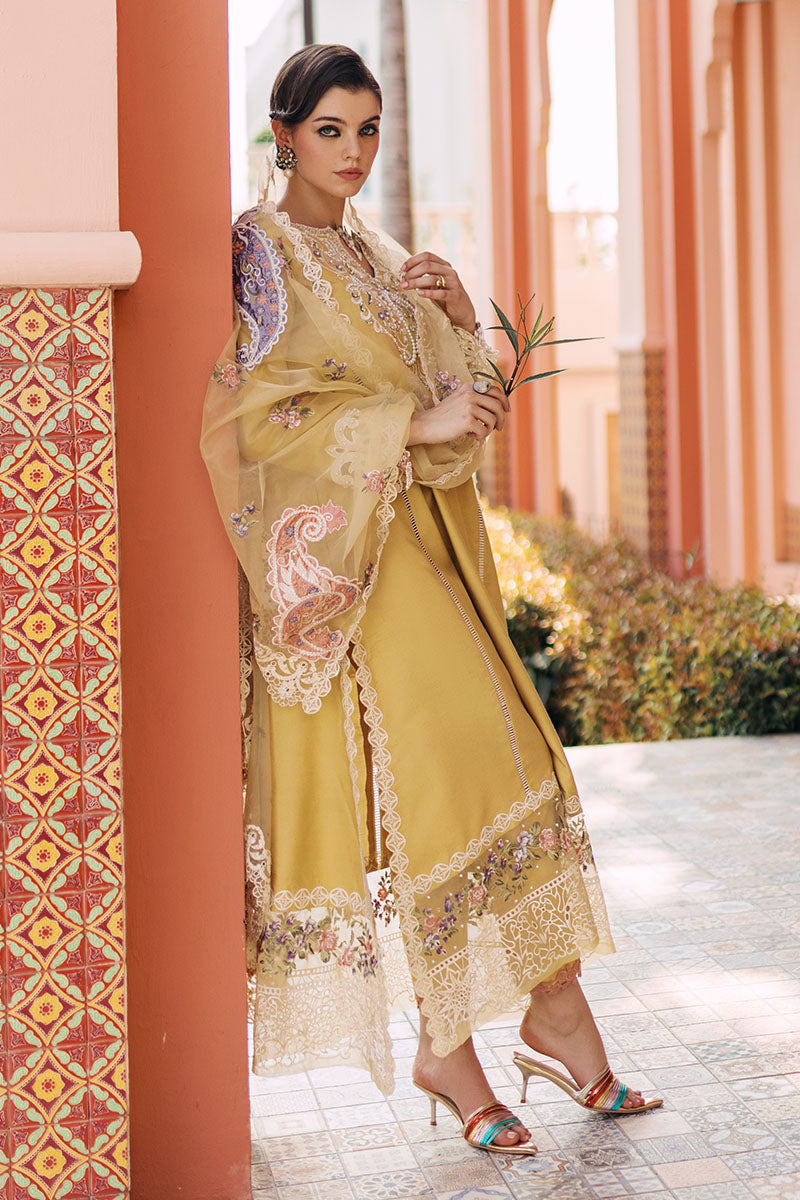 Mustard Embroidered Cotton Net Salwar Kameez (3-Piece) - Image 6