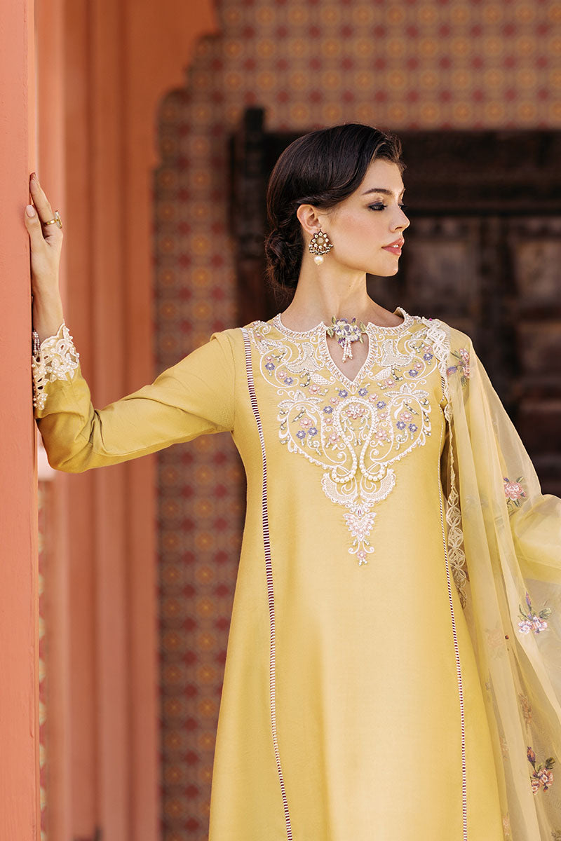 Mustard Embroidered Cotton Net Salwar Kameez (3-Piece) - Image 7