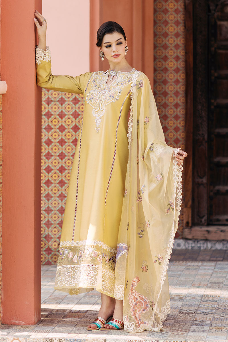 Mustard Embroidered Cotton Net Salwar Kameez (3-Piece) - Image 8