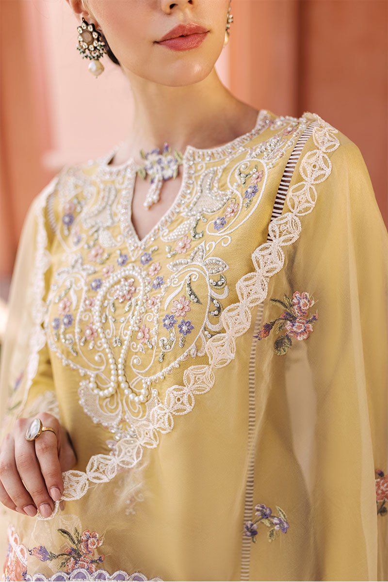 Mustard Embroidered Cotton Net Salwar Kameez (3-Piece) - Image 9