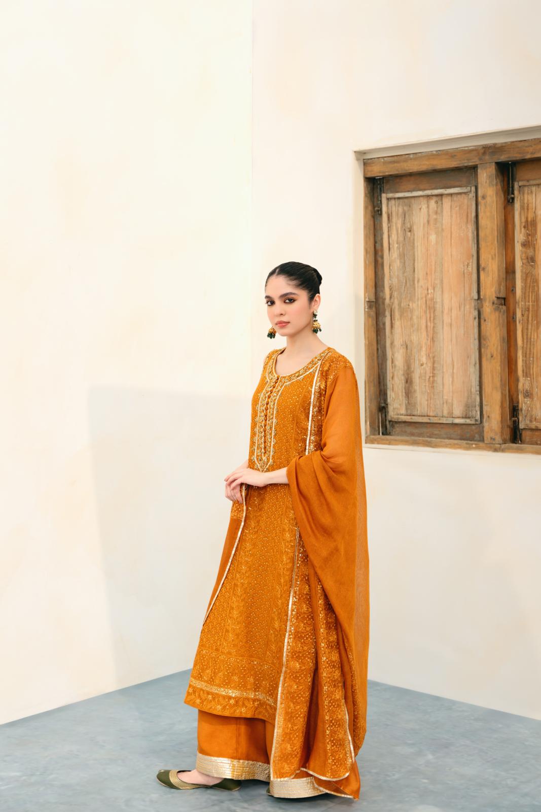 Mustard Embellished Cotton Net Salwar Kameez (3-Piece) - Image 1