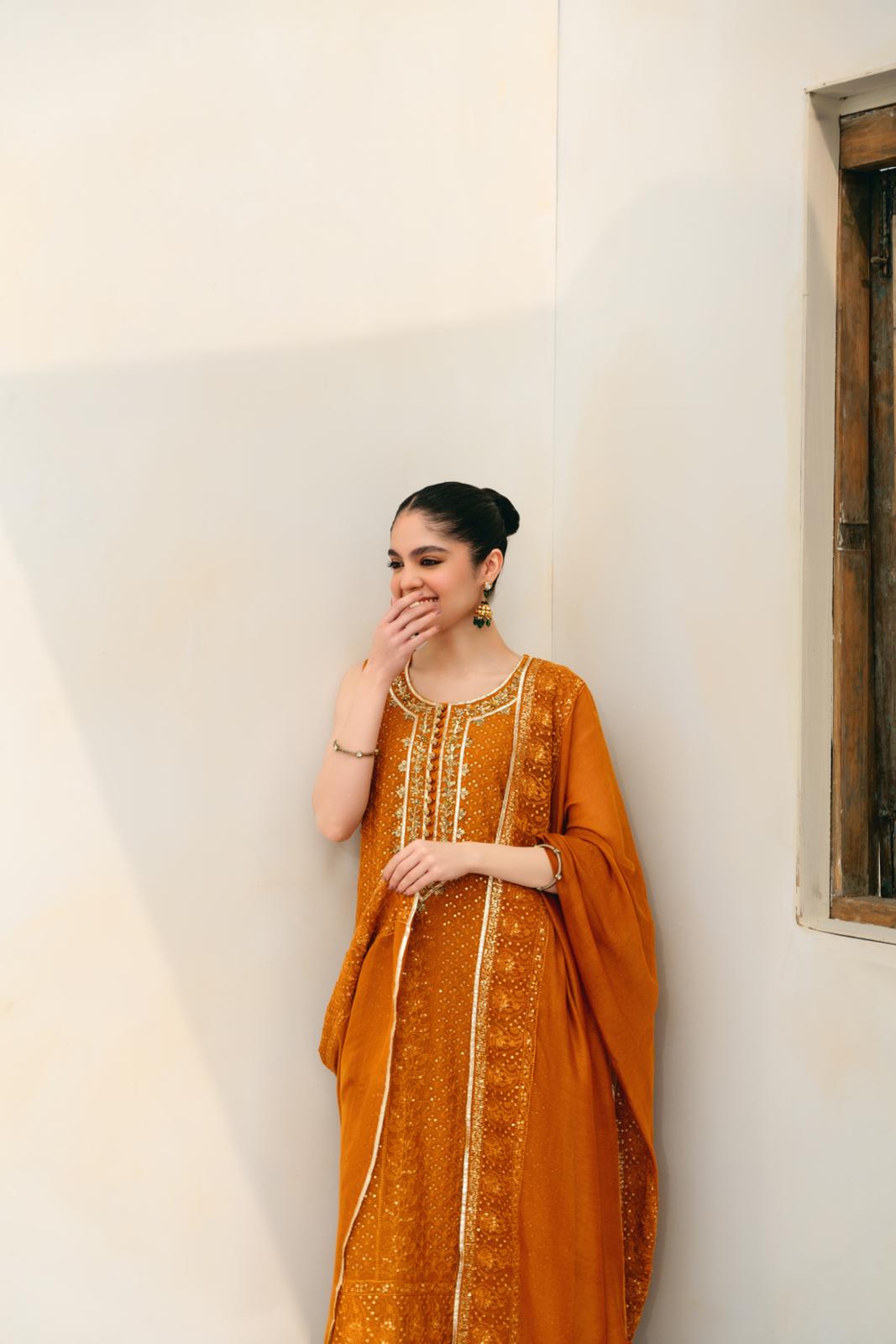 Mustard Embellished Cotton Net Salwar Kameez (3-Piece) - Image 2