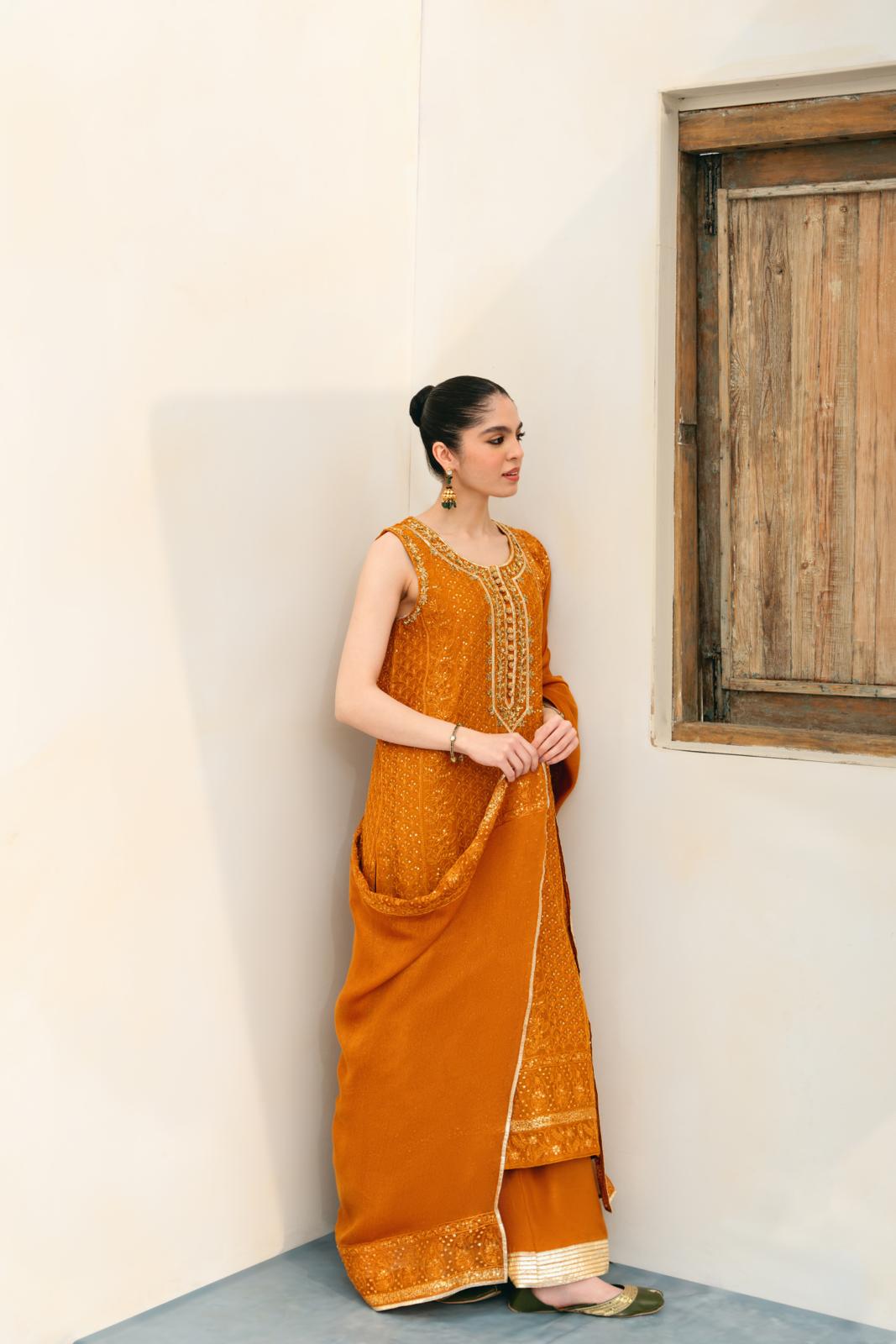 Mustard Embellished Cotton Net Salwar Kameez (3-Piece) - Image 3