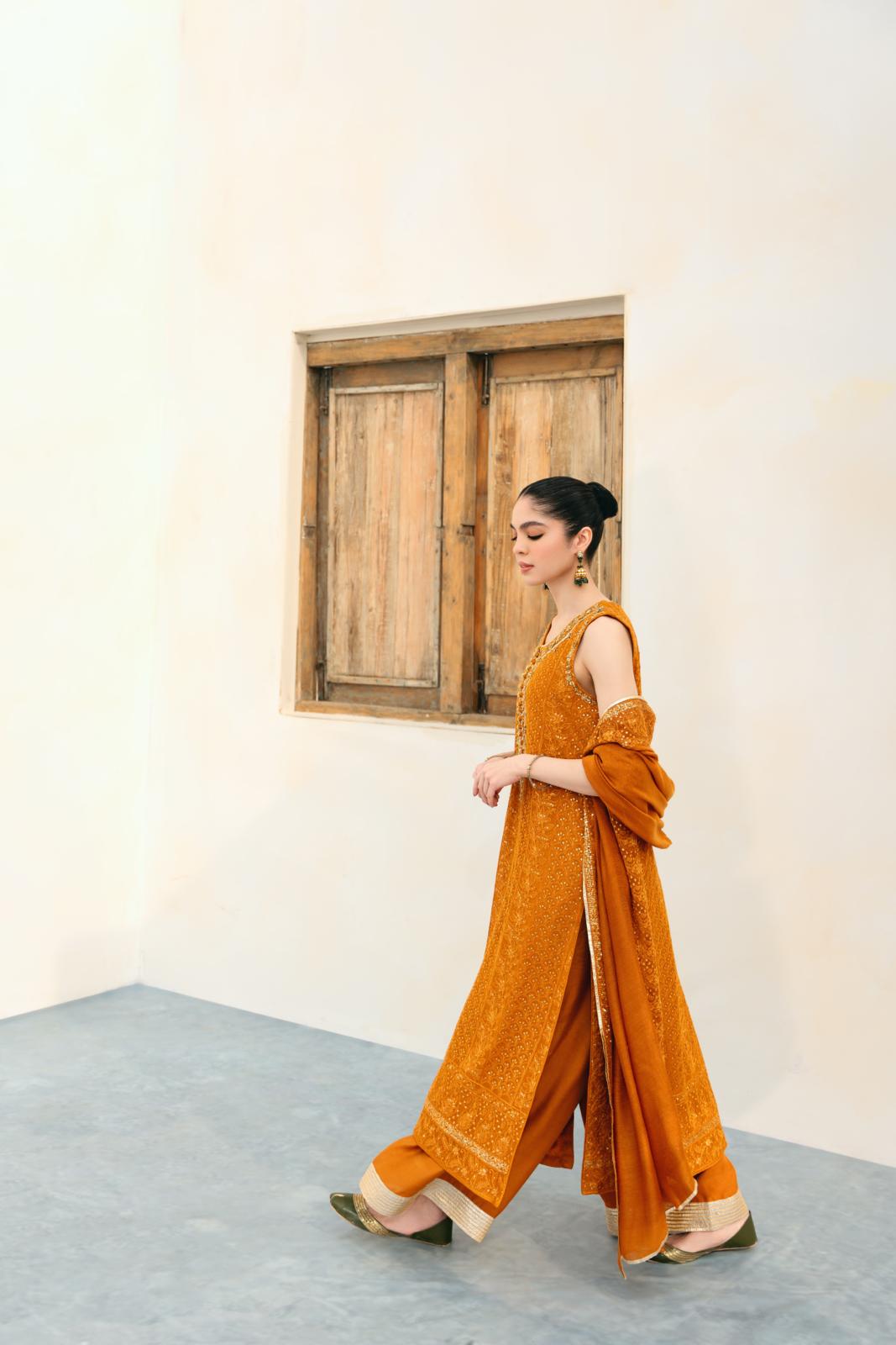 Mustard Embellished Cotton Net Salwar Kameez (3-Piece) - Image 4