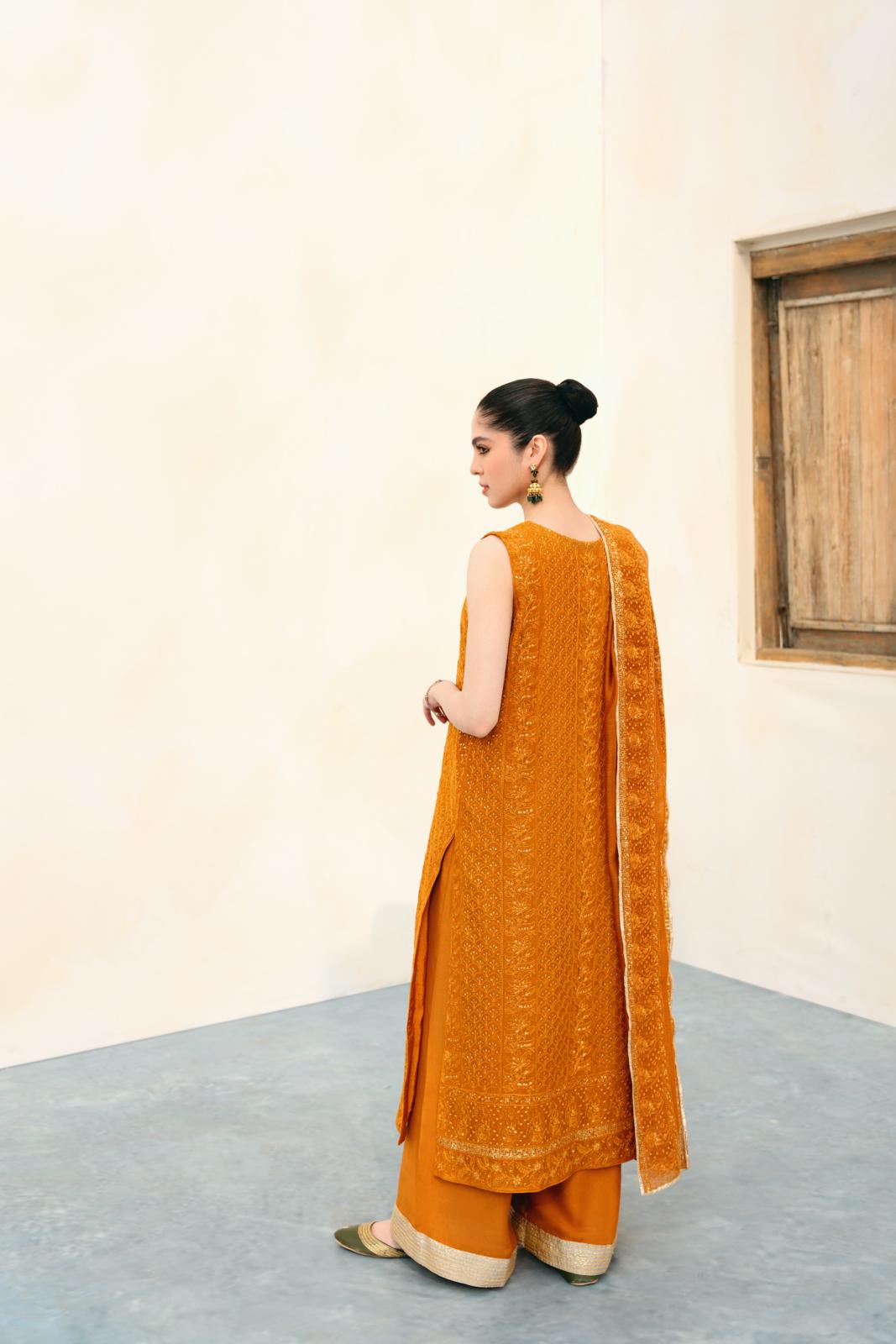 Mustard Embellished Cotton Net Salwar Kameez (3-Piece) - Image 5