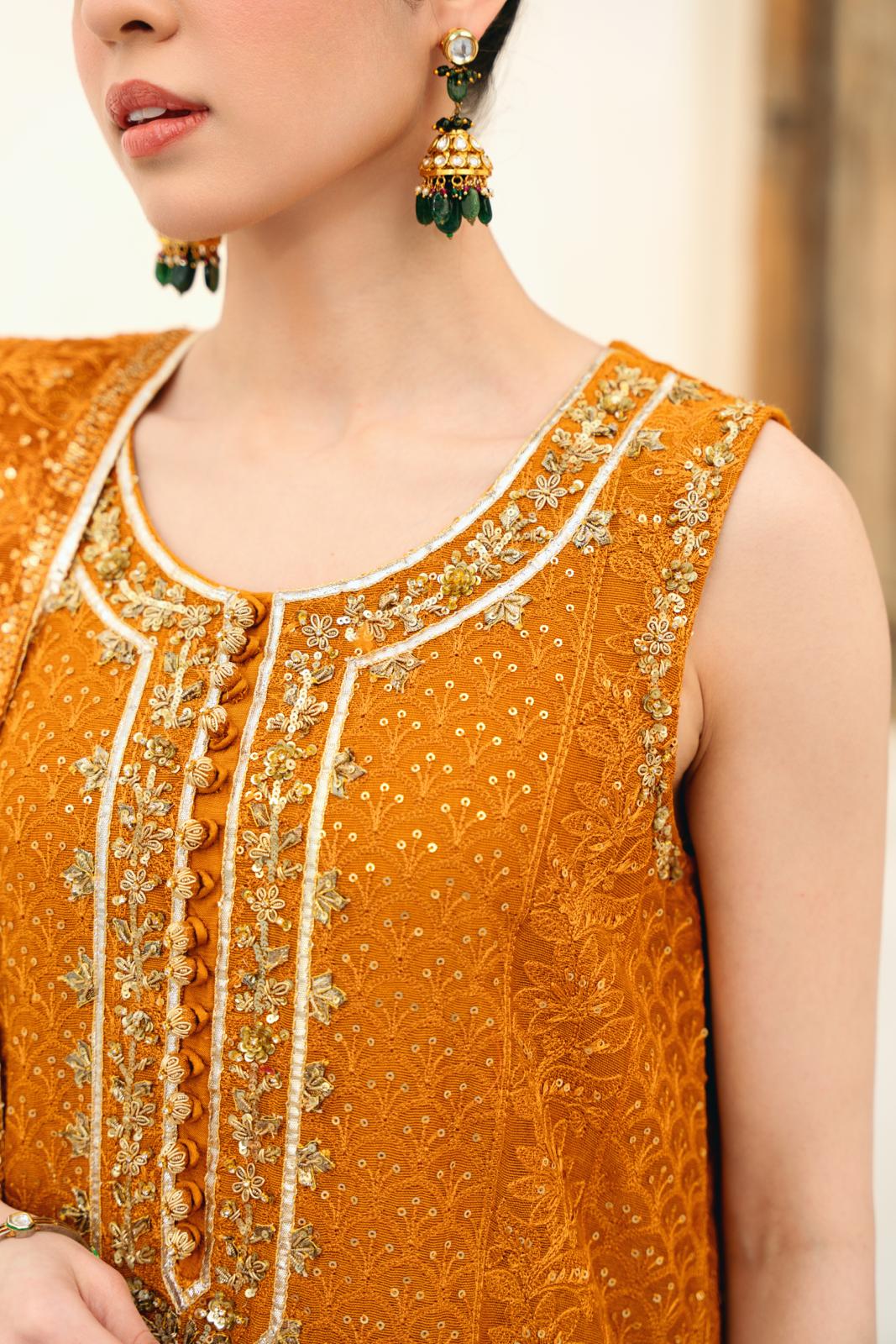 Mustard Embellished Cotton Net Salwar Kameez (3-Piece) - Image 6