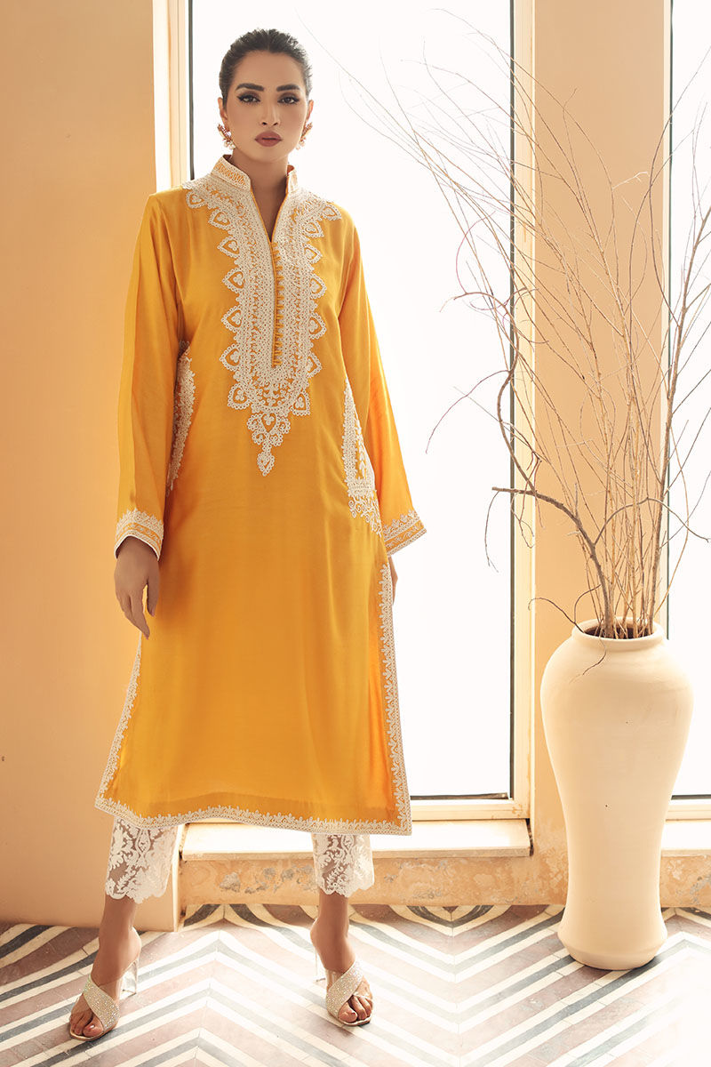 Pakistani Yellow Doriwork Cotton Net Kurta Set (2-Piece) - Image 1