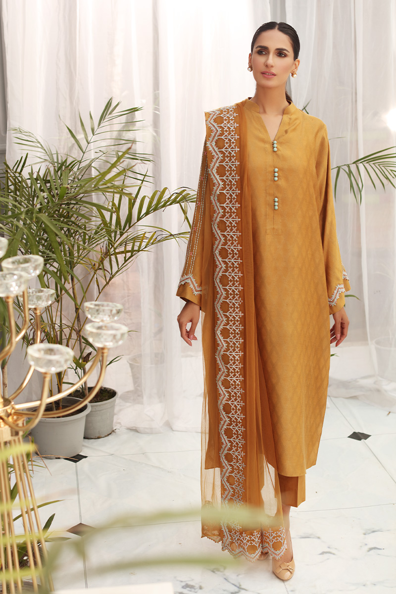 Pakistani Mustard Embroidered Cotton Net Salwar Kameez (3-Piece) - Image 1