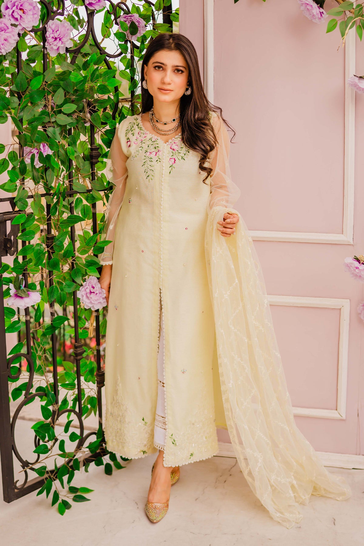 Lime Yellow Embroidered Cotton Net Salwar Kameez (3-Piece) - Image 1