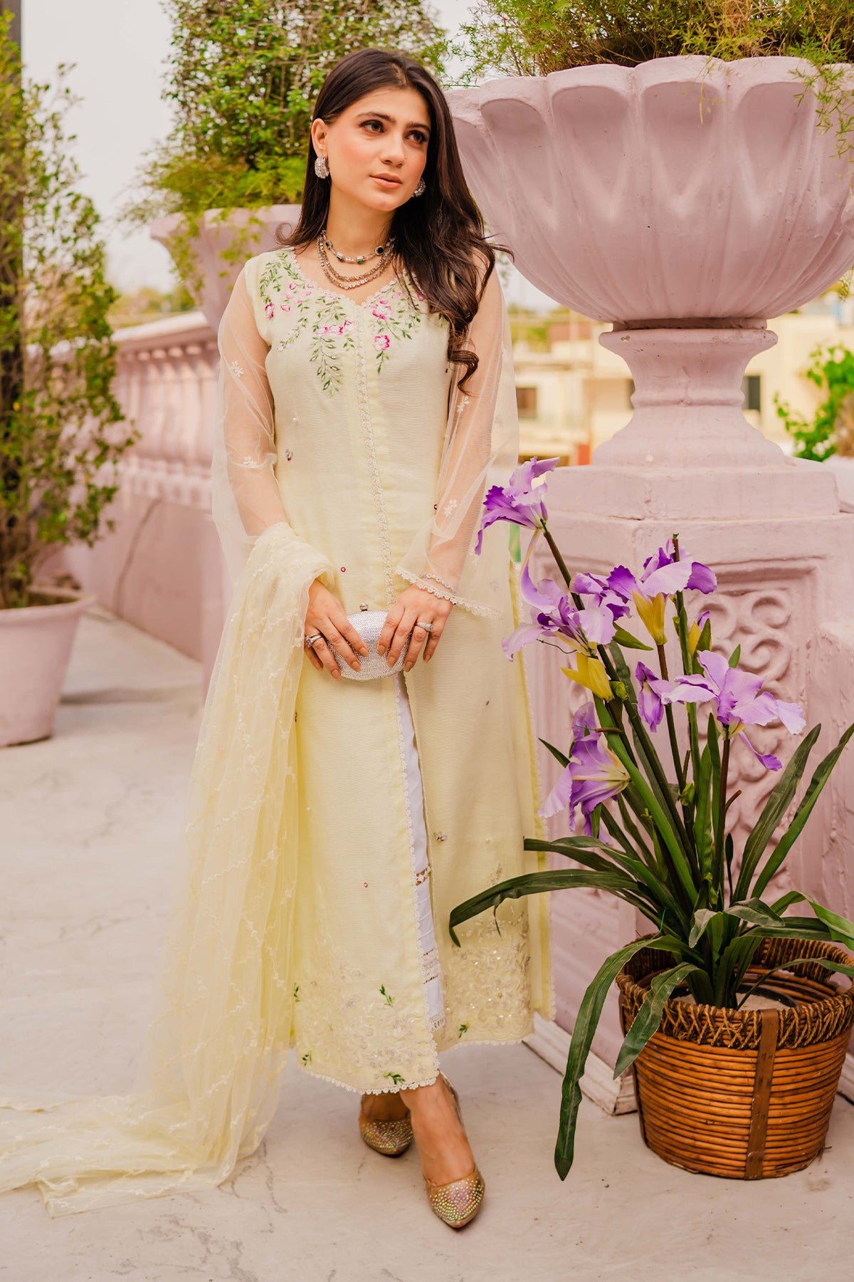 Lime Yellow Embroidered Cotton Net Salwar Kameez (3-Piece) - Image 2