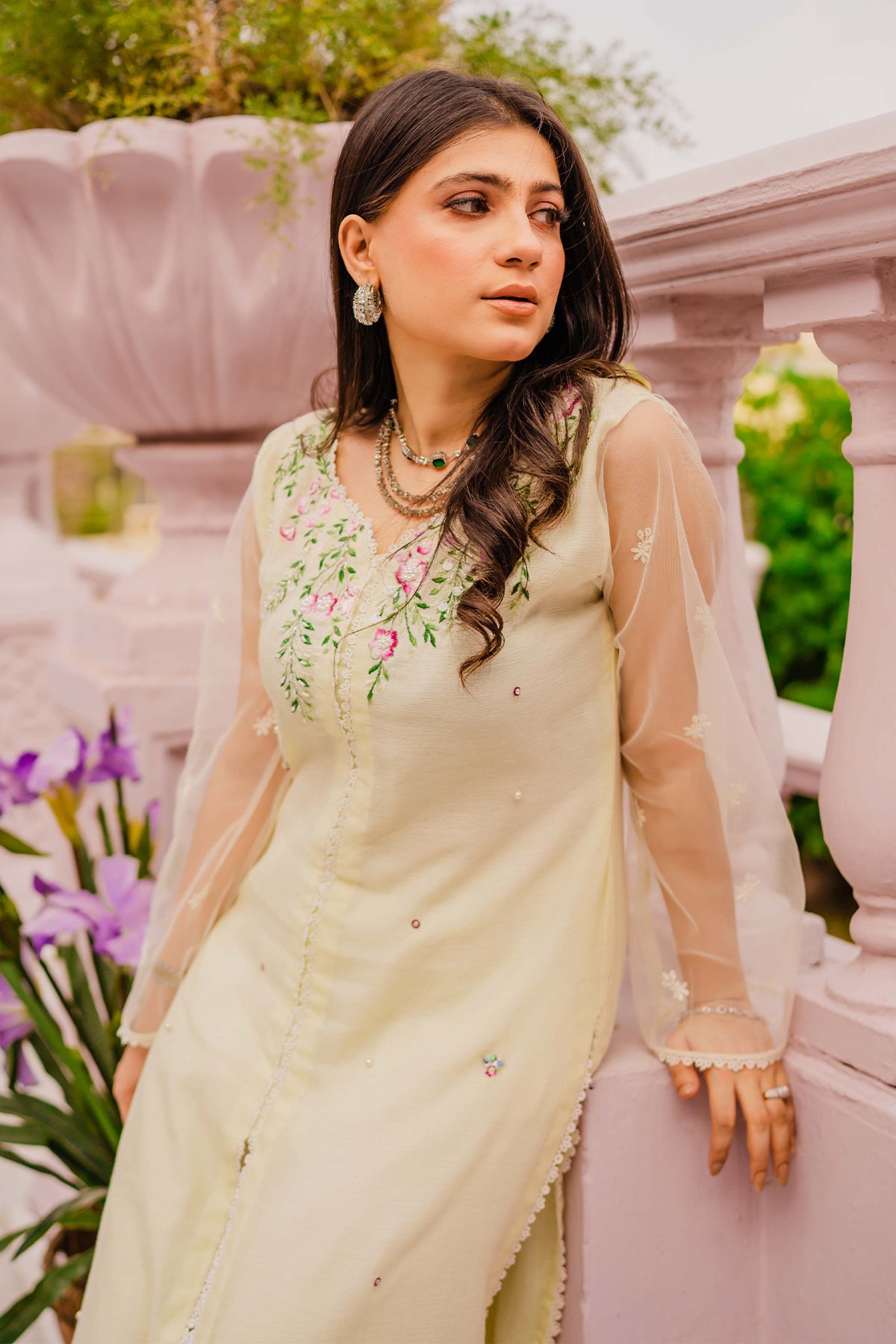 Lime Yellow Embroidered Cotton Net Salwar Kameez (3-Piece) - Image 3