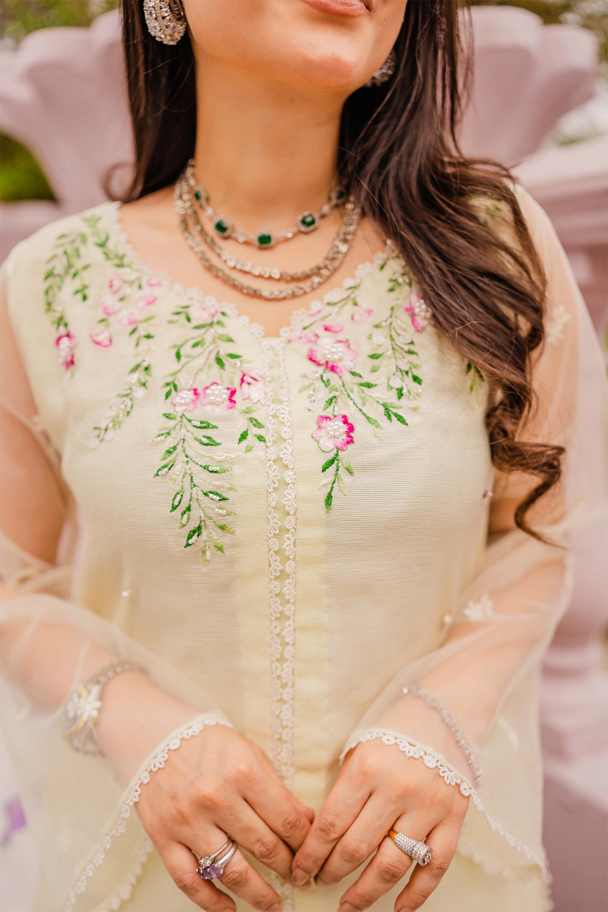 Lime Yellow Embroidered Cotton Net Salwar Kameez (3-Piece) - Image 4