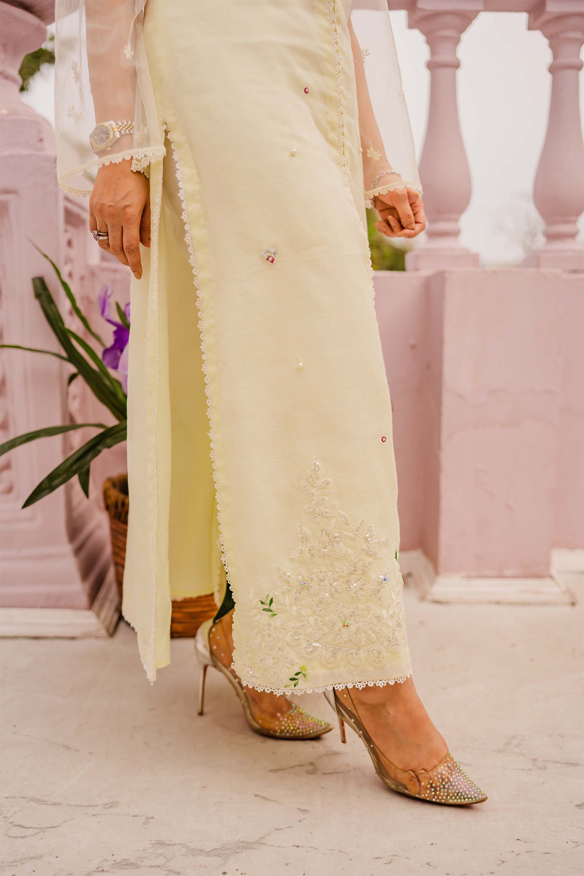 Lime Yellow Embroidered Cotton Net Salwar Kameez (3-Piece) - Image 5