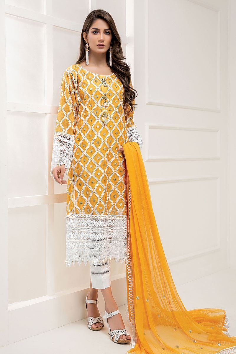 Marigold Yellow Embroidered Cotton Net Salwar Kameez (3-Piece) - Image 1