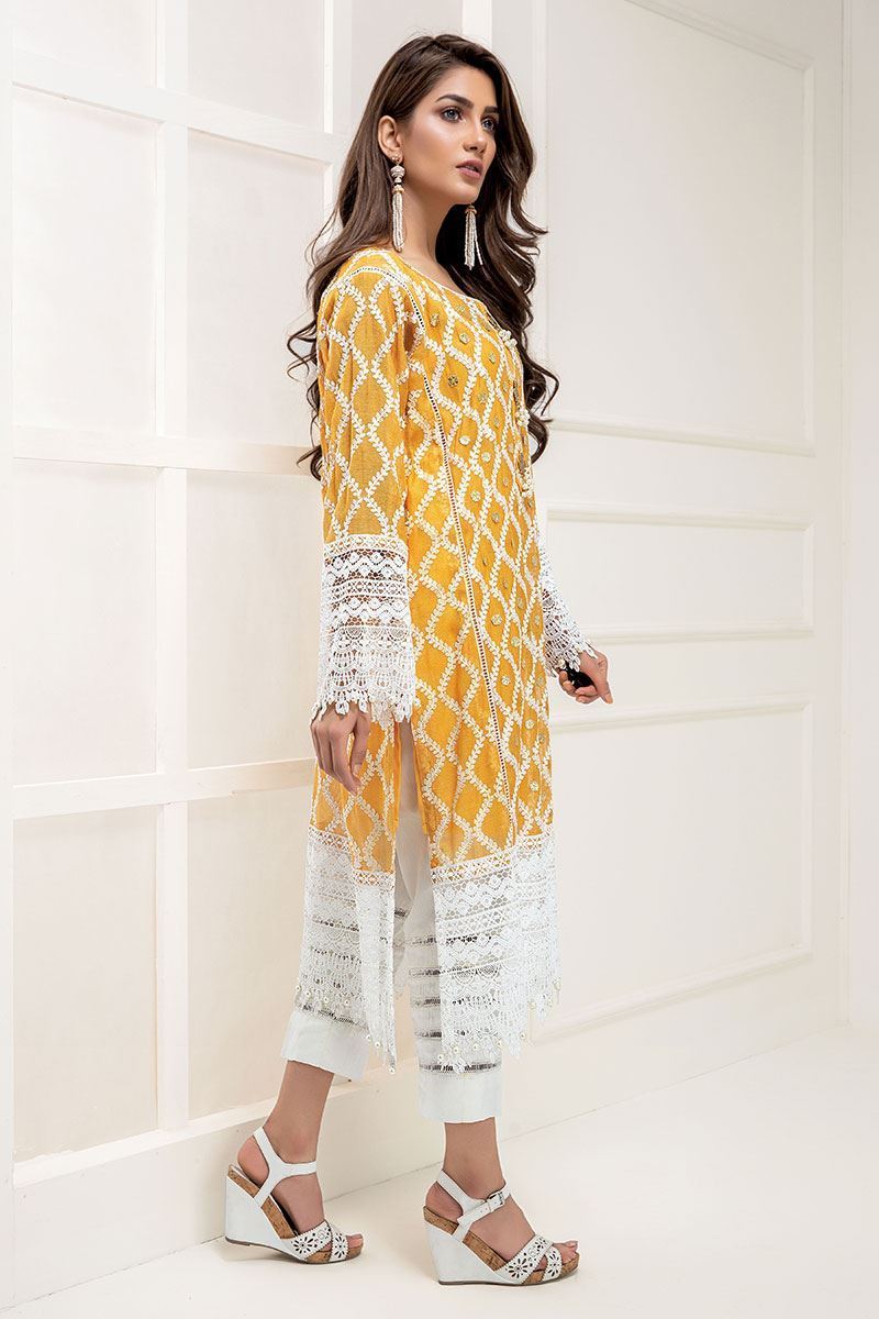 Marigold Yellow Embroidered Cotton Net Salwar Kameez (3-Piece) - Image 2