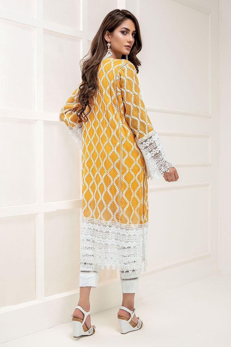 Marigold Yellow Embroidered Cotton Net Salwar Kameez (3-Piece) - Image 3