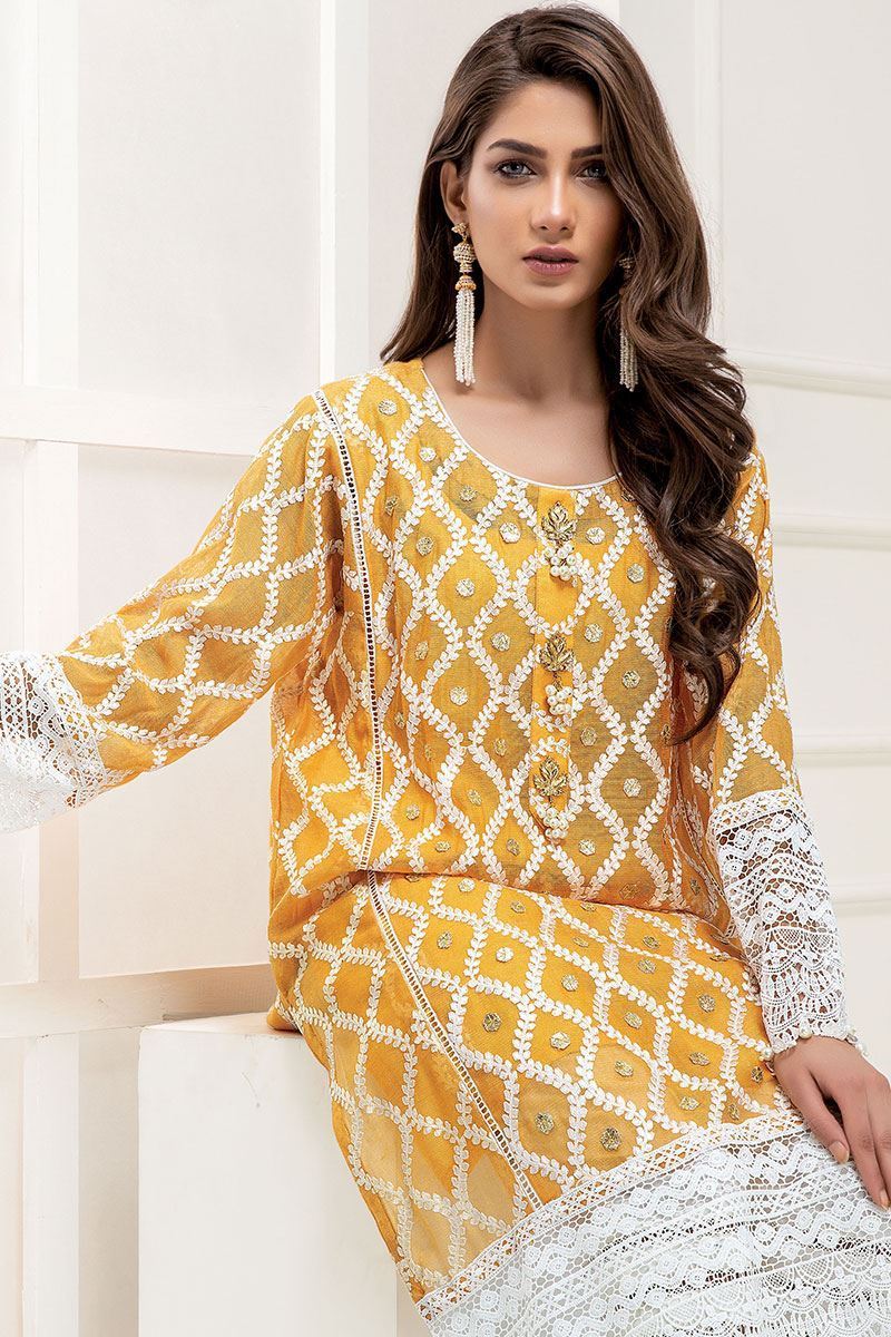 Marigold Yellow Embroidered Cotton Net Salwar Kameez (3-Piece) - Image 4