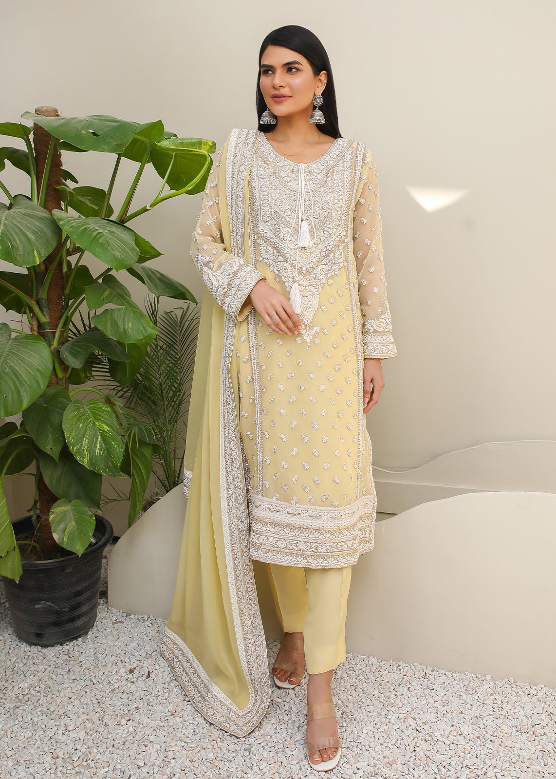 Pakistani Yellow Dori Embroidered Cotton Net Kurta & Dupatta (2-Piece) - Image 1