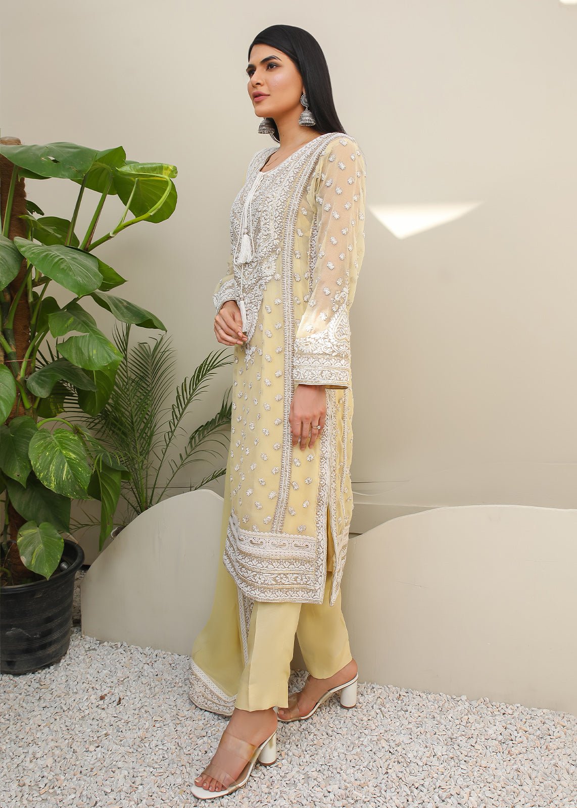Pakistani Yellow Dori Embroidered Cotton Net Kurta & Dupatta (2-Piece) - Image 2