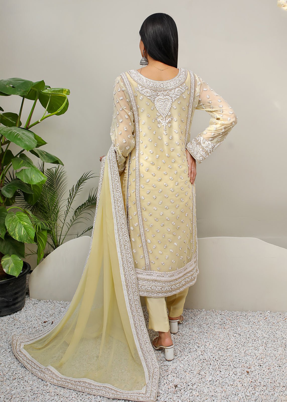 Pakistani Yellow Dori Embroidered Cotton Net Kurta & Dupatta (2-Piece) - Image 3