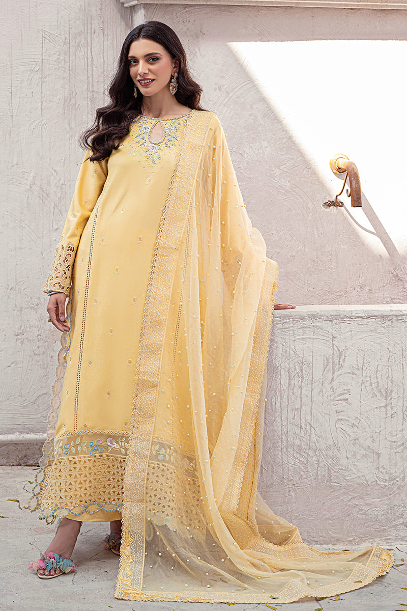 Pakistani Mango Yellow Embroidered Cotton Net Salwar Kameez (3-Piece) - Image 1
