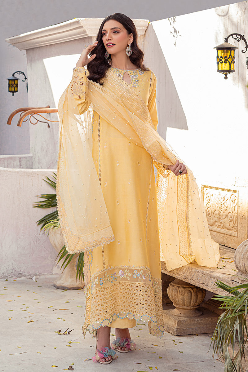 Pakistani Mango Yellow Embroidered Cotton Net Salwar Kameez (3-Piece) - Image 2
