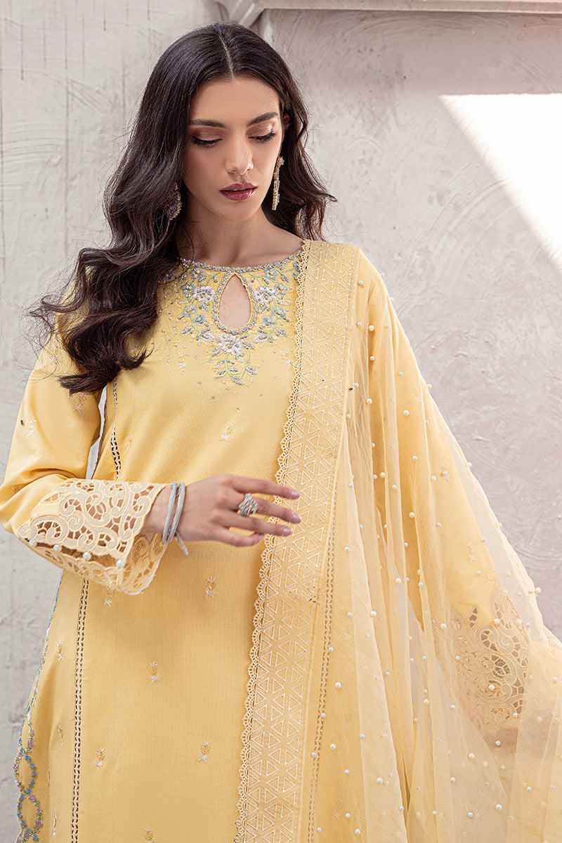 Pakistani Mango Yellow Embroidered Cotton Net Salwar Kameez (3-Piece) - Image 3