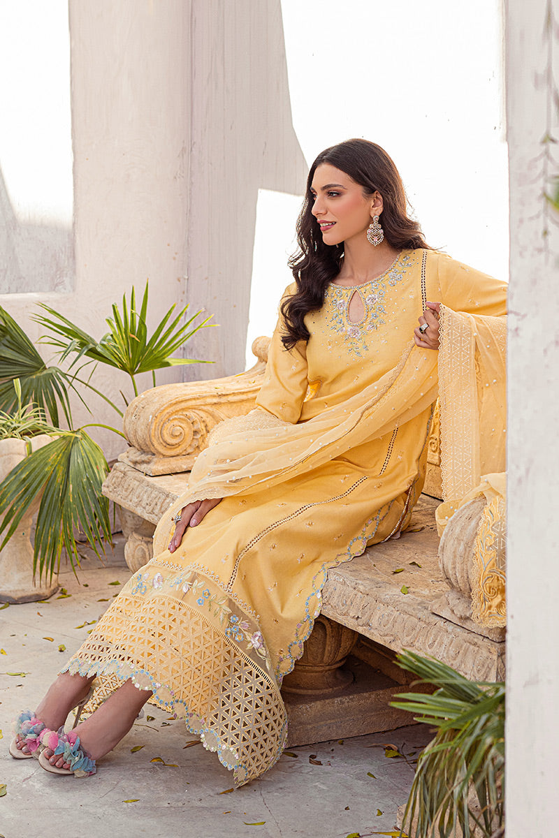 Pakistani Mango Yellow Embroidered Cotton Net Salwar Kameez (3-Piece) - Image 4