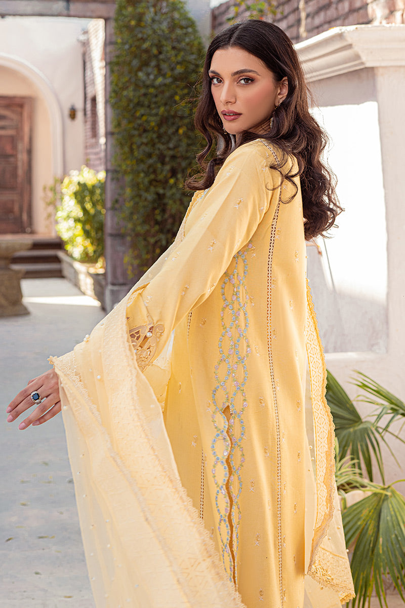 Pakistani Mango Yellow Embroidered Cotton Net Salwar Kameez (3-Piece) - Image 5