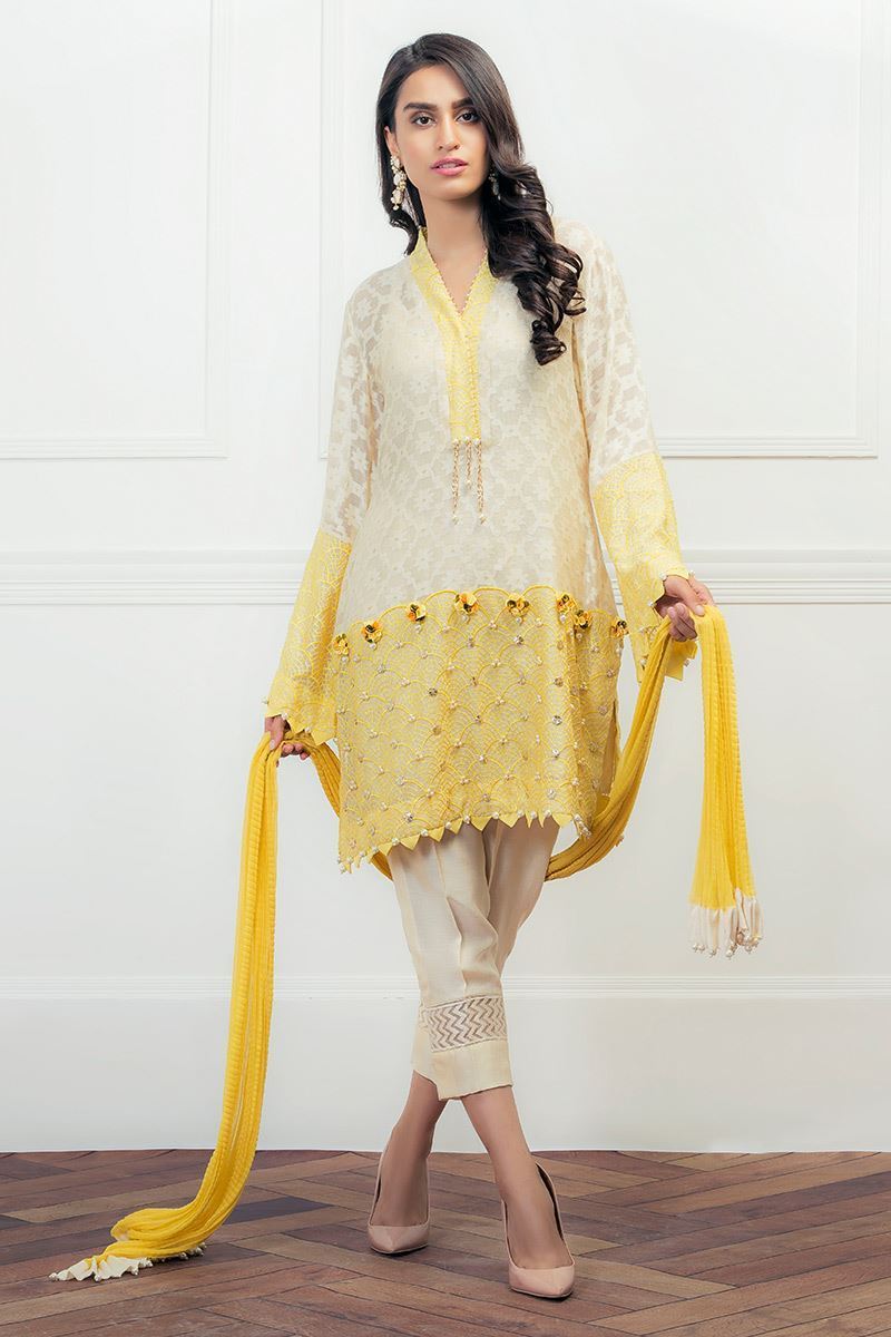 Yellow Pearl Embellished Cotton Net Kurta Set (3-Piece) - Image 1