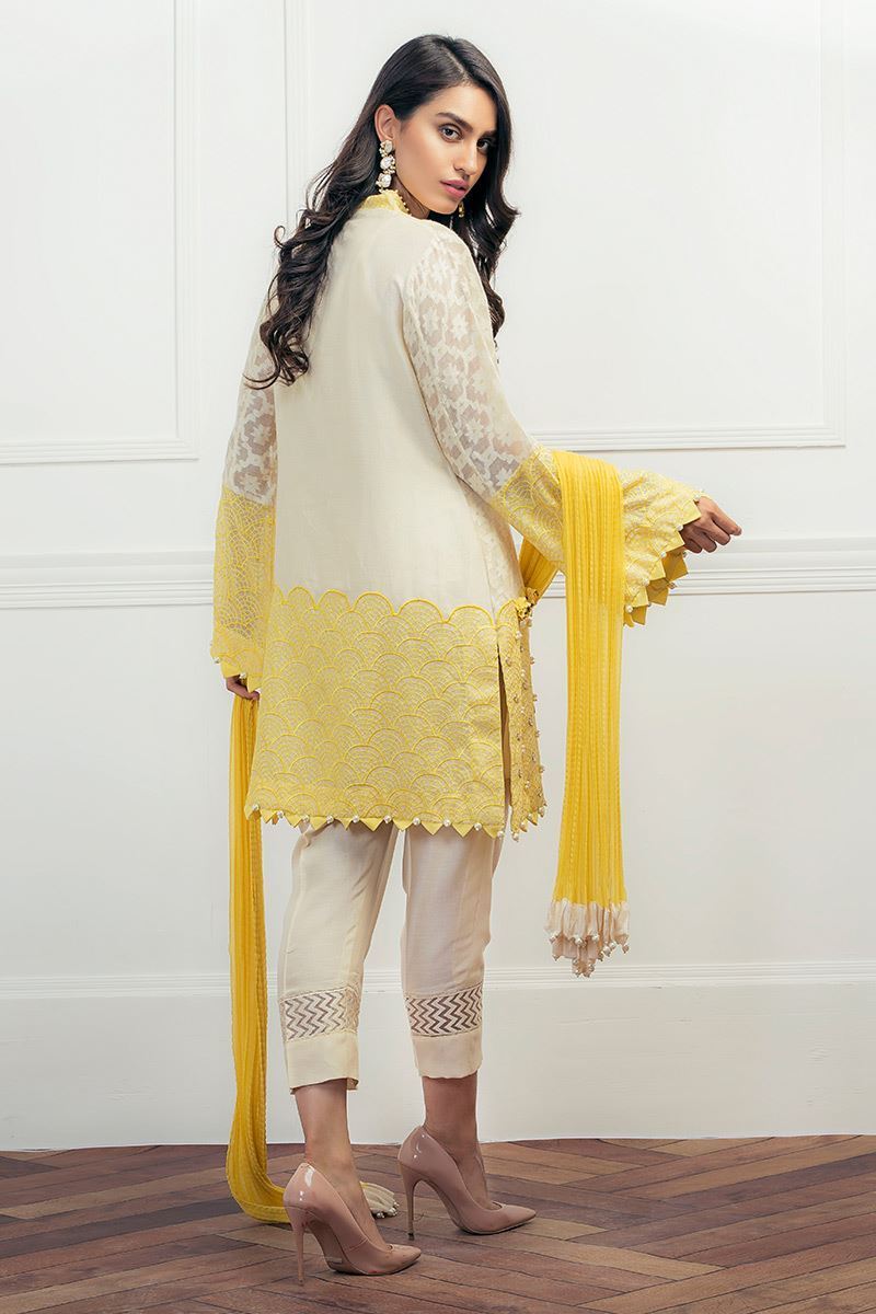 Yellow Pearl Embellished Cotton Net Kurta Set (3-Piece) - Image 2