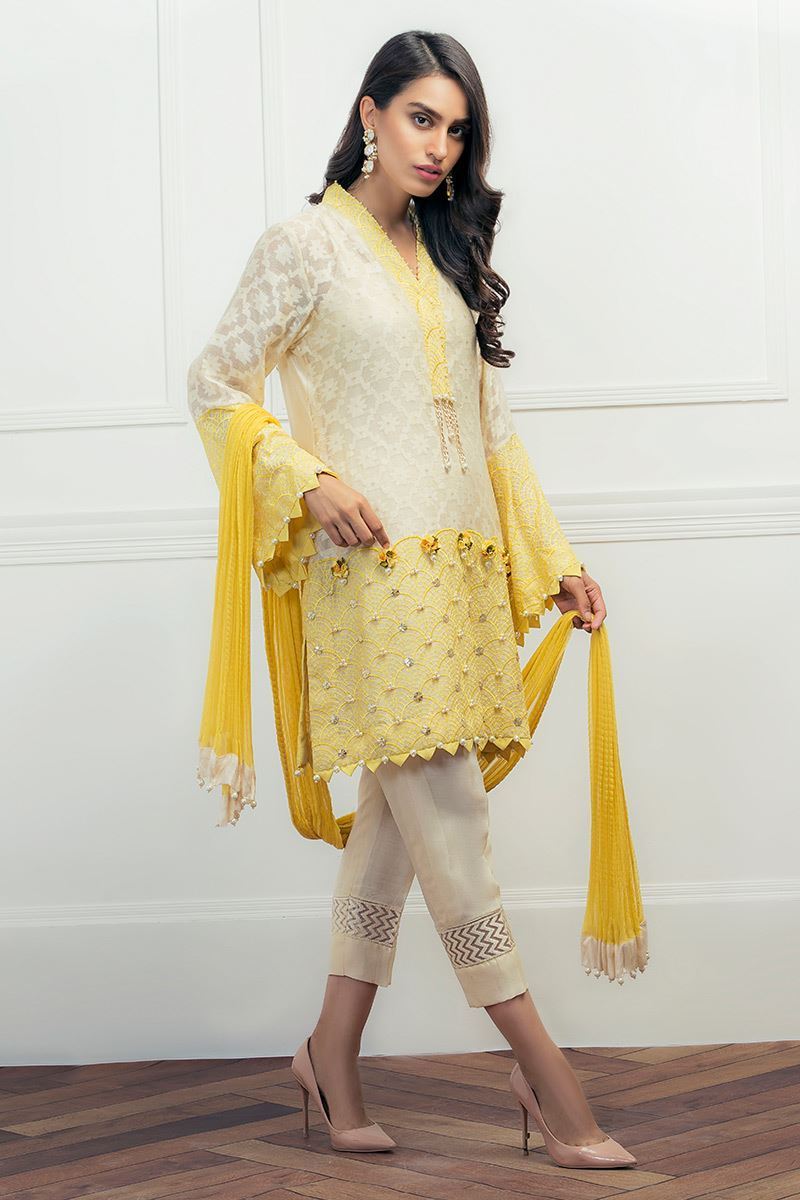 Yellow Pearl Embellished Cotton Net Kurta Set (3-Piece) - Image 3