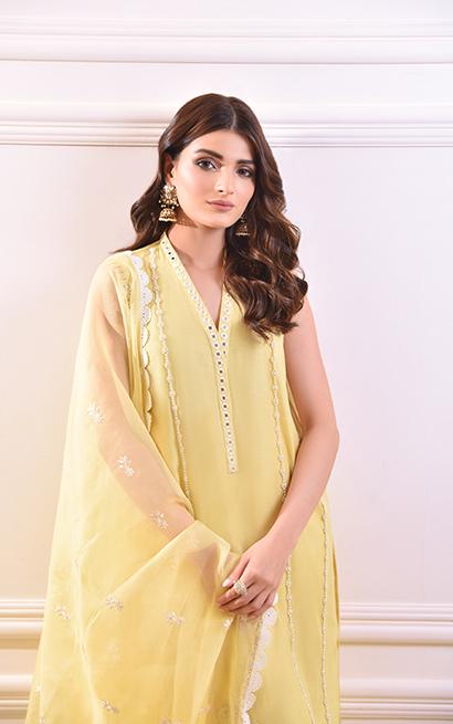 Pakistani Lemon Yellow Sheesha & Pearl Cotton Net Salwar Kameez (3-Piece) - Image 2