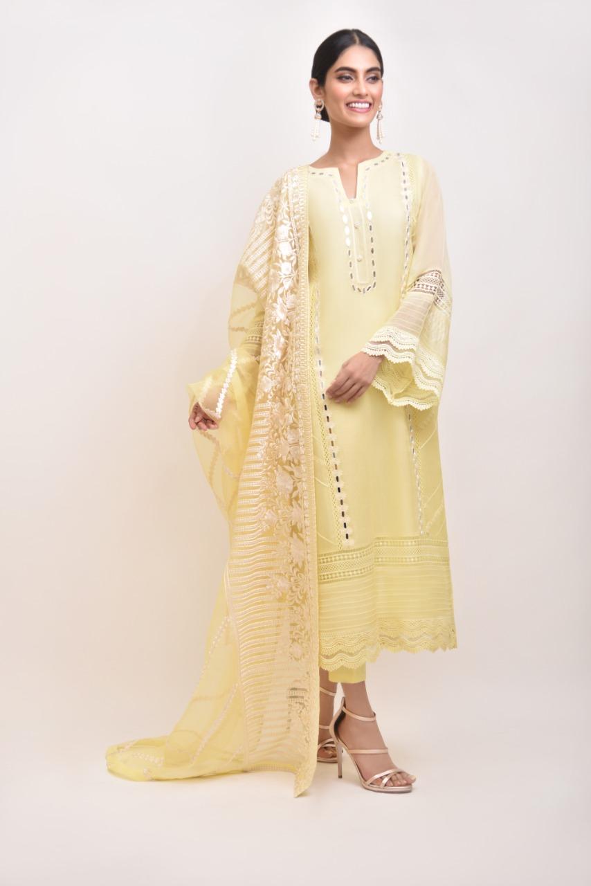 Pakistani Pastel Yellow Sheesha Work Cotton Net Salwar Kameez (3-Piece) - Image 1
