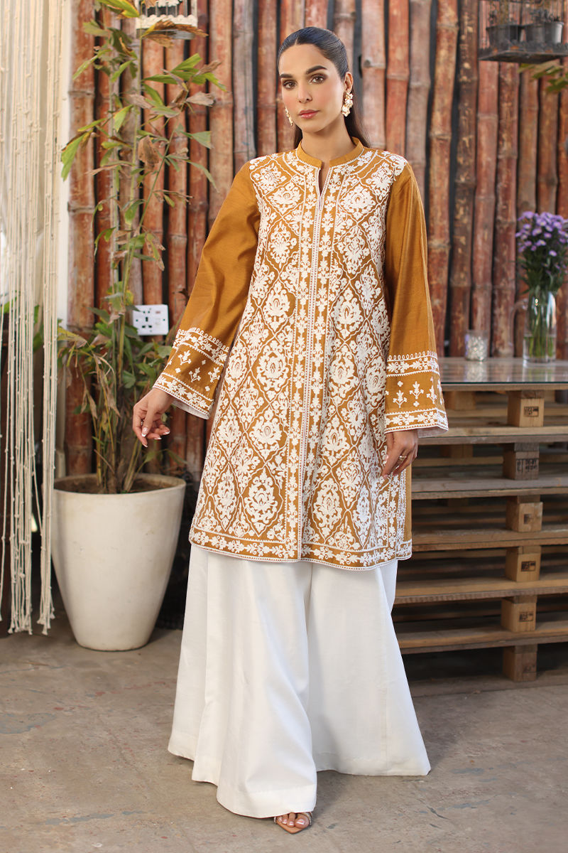 Mustard Embroidered Cotton Net Salwar Kameez (2-Piece) - Image 1
