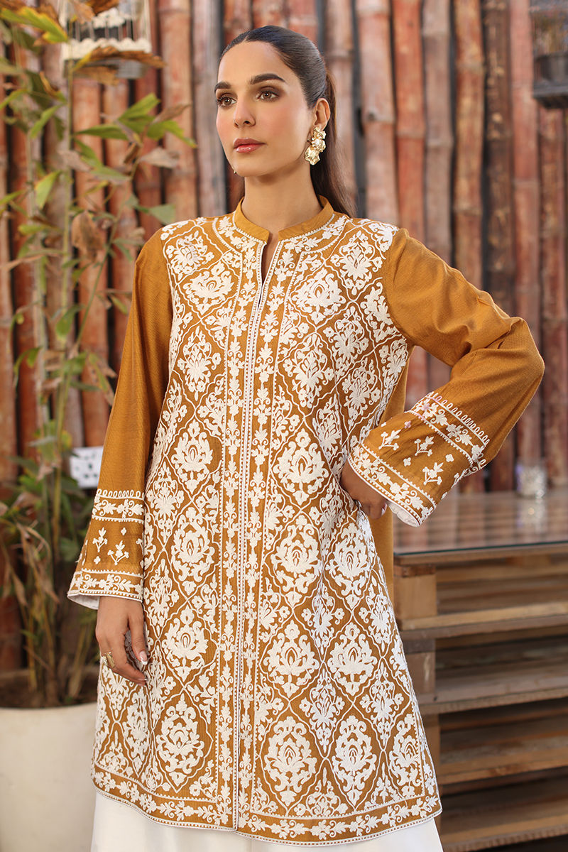 Mustard Embroidered Cotton Net Salwar Kameez (2-Piece) - Image 2